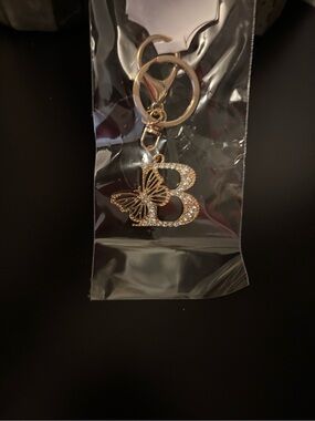Rhinestone Initial 'B' Keychain with Butterfly Charm - Gold